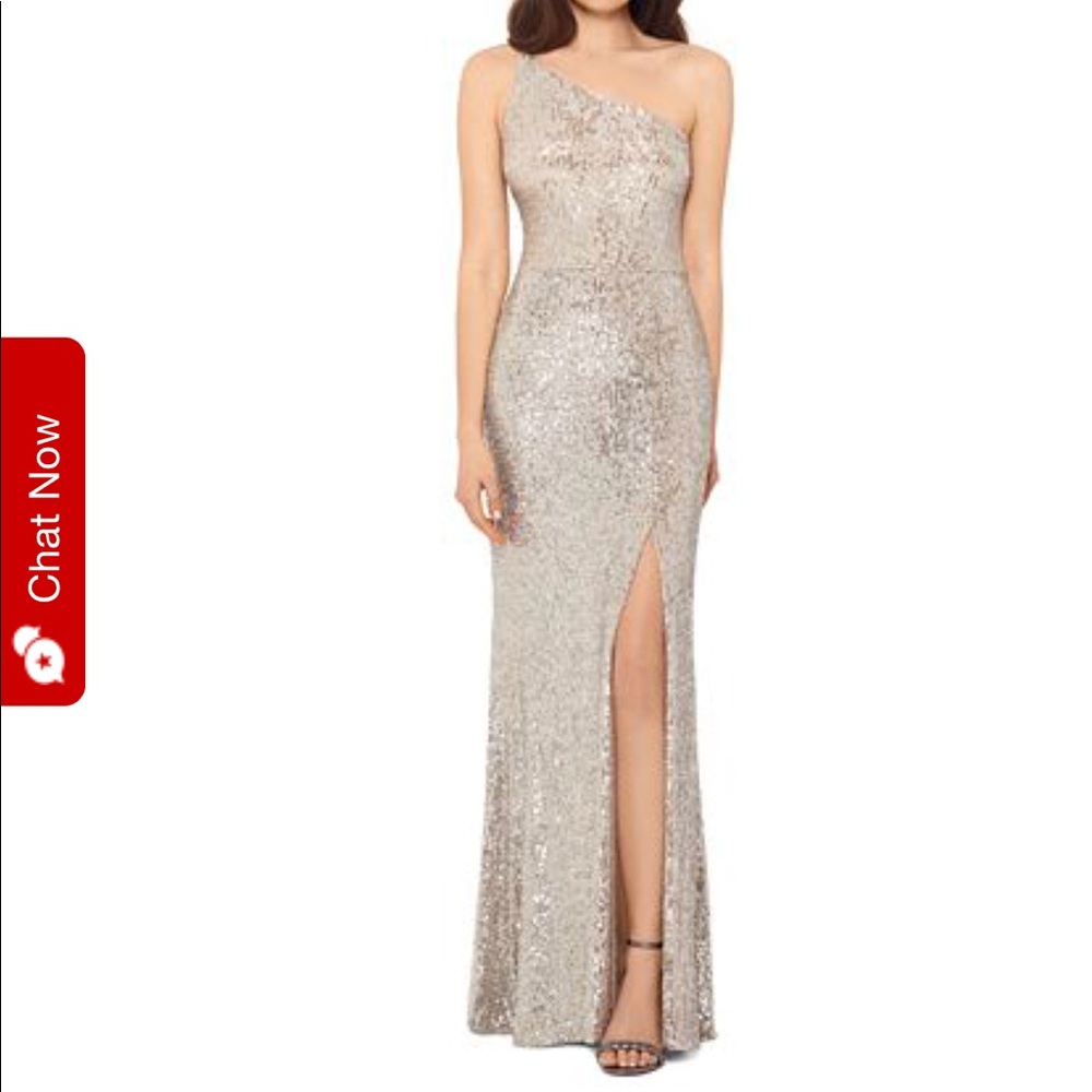 XSCAPE Petite One-Shoulder Sequined Gown